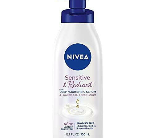 A set of three 16.9 fl oz pump bottles of NIVEA Sensitive and Radiant Body Lotion for sensitive skin, enriched with a deep nourishing serum, provitamin B5, and pearl extract. The blue pump dispenses a hypoallergenic formula that provides 48-hour moisture for dry sensitive skin. This fragrance-free moisturizer is crafted with your comfort in mind.