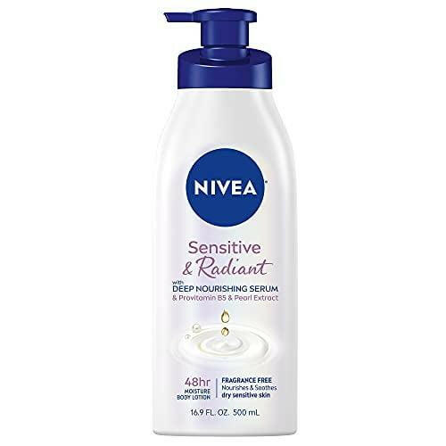 A set of three 16.9 fl oz pump bottles of NIVEA Sensitive and Radiant Body Lotion for sensitive skin, enriched with a deep nourishing serum, provitamin B5, and pearl extract. The blue pump dispenses a hypoallergenic formula that provides 48-hour moisture for dry sensitive skin. This fragrance-free moisturizer is crafted with your comfort in mind.