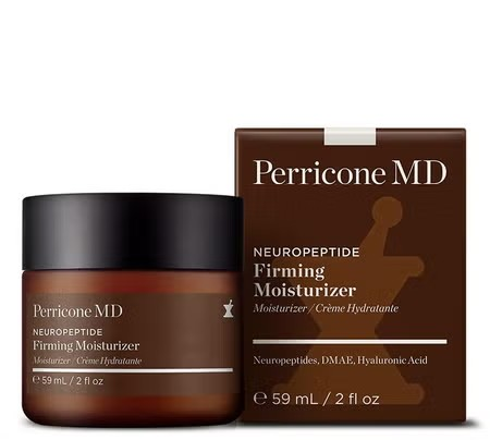 The image depicts a jar and box of Perricone MD Neuropeptide Firming Moisturizer. The jar, a deep brown with a black lid, contains an anti-aging formula featuring advanced neuropeptides, DMAE, and Hyaluronic Acid. The packaging is similarly dark brown with white lettering showcasing these essential ingredients.