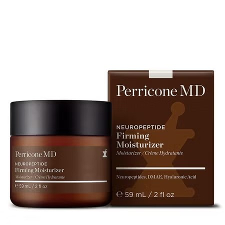 The image depicts a jar and box of Perricone MD Neuropeptide Firming Moisturizer. The jar, a deep brown with a black lid, contains an anti-aging formula featuring advanced neuropeptides, DMAE, and Hyaluronic Acid. The packaging is similarly dark brown with white lettering showcasing these essential ingredients.