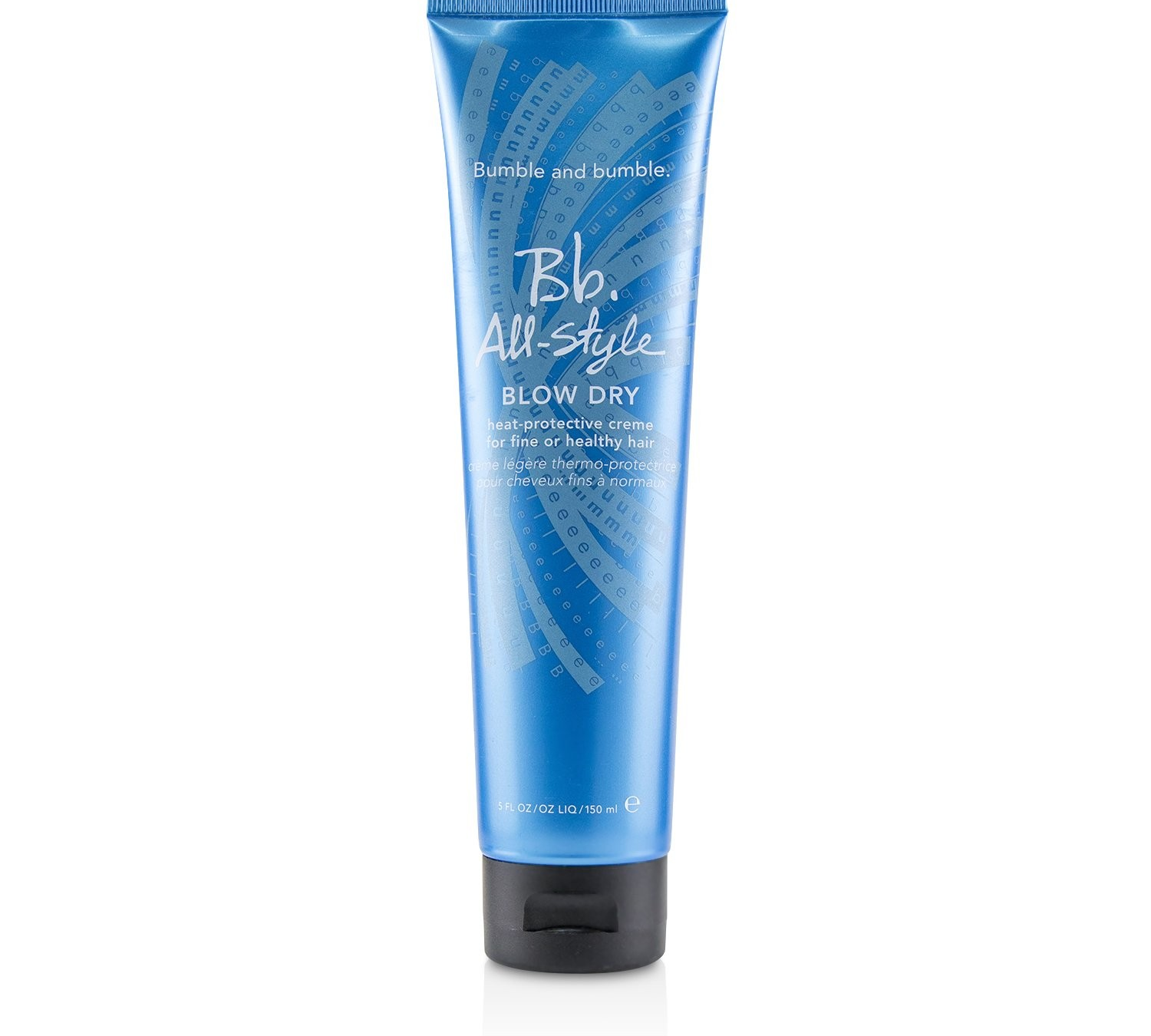 The Bumble and bumble All-Style Blow Dry comes in a blue tube adorned with white text displaying the logo and product information. This frizz-free, heat-protective crème is ideal for fine or healthy hair, guaranteeing a smooth blowout every time.