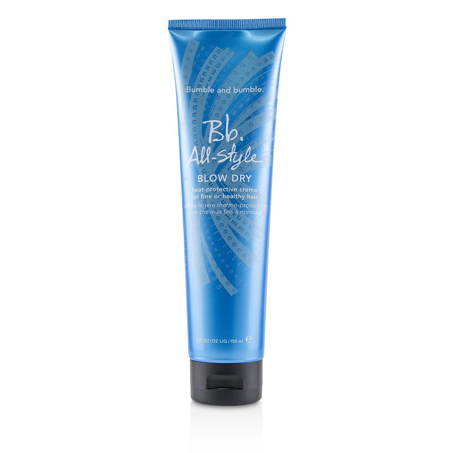 The Bumble and bumble All-Style Blow Dry comes in a blue tube adorned with white text displaying the logo and product information. This frizz-free, heat-protective crème is ideal for fine or healthy hair, guaranteeing a smooth blowout every time.