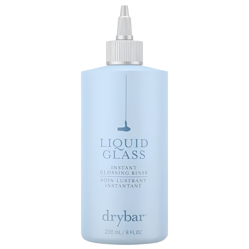 The Drybar Liquid Glass Instant Glossing Rinse comes in a light blue 236 mL (8 fl oz) bottle with a precision nozzle cap, providing salon-quality shine.