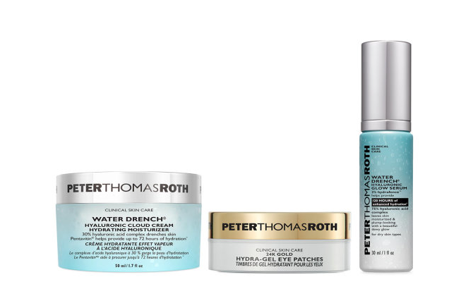 Explore the perfect hydrating kit with Peter Thomas Roth's Ready, Set, Radiance! 3-Piece Kit, featuring the Water Drench Hyaluronic Cloud Cream, 24K Gold Hydra-Gel Eye Patches, and Water Drench Glow Serum. Created to give you a luminous complexion, the packaging gleams with silver and blue accents.