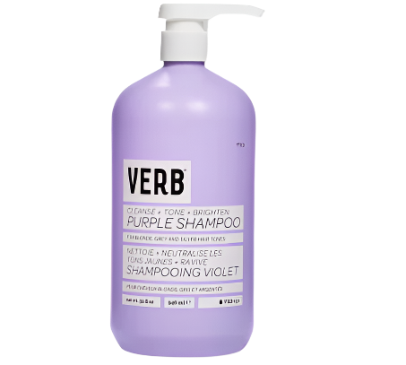 A 32 fl.oz bottle of Brightening Purple Shampoo for Blonde Hair, featuring a convenient pump, comes in a lavender-colored design and is formulated to cleanse, neutralize brassy tones, and brighten blonde, grey, and silver hair.