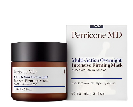 Jar and box of the Perricone MD Multi-Action Overnight Intensive Firming Mask, 59 ml (2 fl oz). The elegant packaging showcases a white design with dark brown and blue accents. This anti-aging mask supports skin firmness, featuring clearly displayed product information and ingredients.