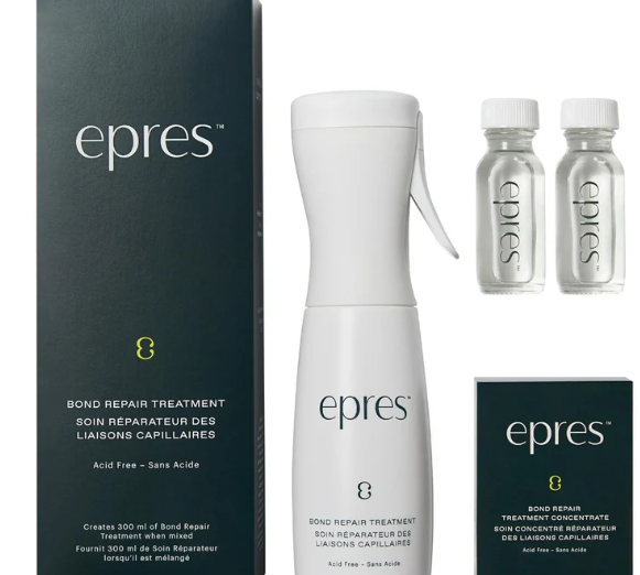 The epres Bond Repair Treatment Kit is an all-inclusive hair repair set, consisting of a white spray bottle, two small clear bottles, and stylish packaging. The packaging emphasizes its acid-free formula specifically crafted for repairing damaged hair.