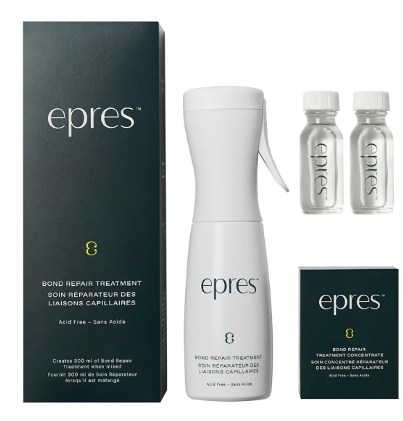 The epres Bond Repair Treatment Kit is an all-inclusive hair repair set, consisting of a white spray bottle, two small clear bottles, and stylish packaging. The packaging emphasizes its acid-free formula specifically crafted for repairing damaged hair.