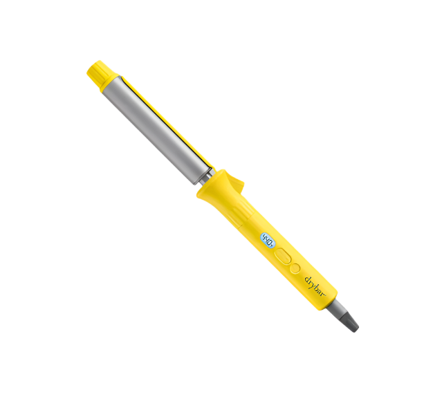 The Drybar The 3-Day Bender Digital Curling Iron showcases a yellow design with a silver ceramic barrel and black power cord. It includes buttons and a digital display on the handle, utilizing advanced ceramic technology for smoother curls.