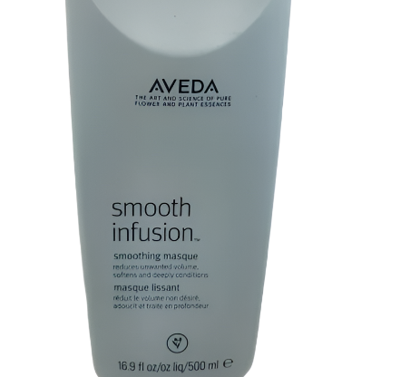 Aveda Smooth Infusion Hair Masque 16.9 Oz features light blue packaging with black text and provides outstanding smoothing and conditioning benefits for frizz control, making your hair effortlessly smooth and sleek.