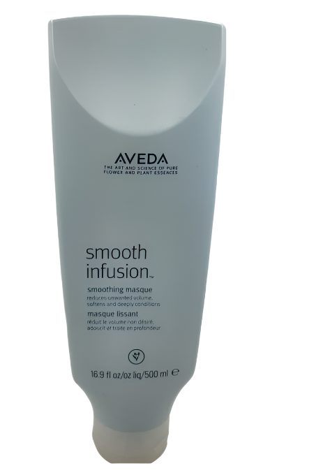 Aveda Smooth Infusion Hair Masque 16.9 Oz features light blue packaging with black text and provides outstanding smoothing and conditioning benefits for frizz control, making your hair effortlessly smooth and sleek.