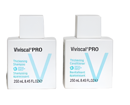 Two bottles from the Viviscal PRO Advanced Hair Health PROFESSIONAL STRENGTH Thickening Shampoo & Conditioner Duo Set, each containing 8.45 oz, are elegantly designed in white with light blue accents and text. They harness the power of AminoMar™ to enhance hair health and create visibly thicker locks.