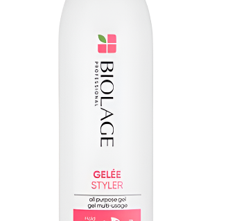 A 16.9 fl oz (500 ml) bottle of Matrix Biolage Gelee with a pink cap, featuring a white label with pink and black text that identifies it as a styling gel designed for flexible, medium hold suitable for all hair types.