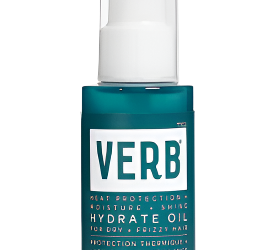 A teal bottle of Verb Hydrate Oil for Dry and Frizzy Hair comes with a white pump and is infused with moringa oil. The label emphasizes its frizz control, hydration, and shine benefits specifically for dry hair. The bottle holds 2 fl oz (60 ml) of product.