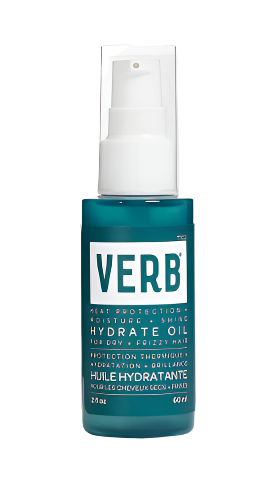 A teal bottle of Verb Hydrate Oil for Dry and Frizzy Hair comes with a white pump and is infused with moringa oil. The label emphasizes its frizz control, hydration, and shine benefits specifically for dry hair. The bottle holds 2 fl oz (60 ml) of product.