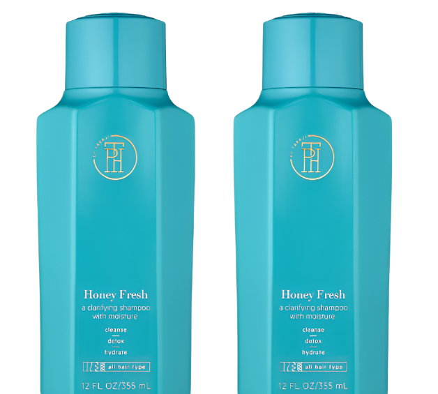 The 2 Pack of TPH by Taraji Honey Fresh Clarifying Shampoo features two teal bottles with gold branding and text. Each bottle contains 12 FL OZ (355 mL) and is suitable for all hair types, promoting cleansing, detoxing, and hydration.