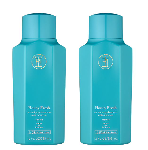 The 2 Pack of TPH by Taraji Honey Fresh Clarifying Shampoo features two teal bottles with gold branding and text. Each bottle contains 12 FL OZ (355 mL) and is suitable for all hair types, promoting cleansing, detoxing, and hydration.