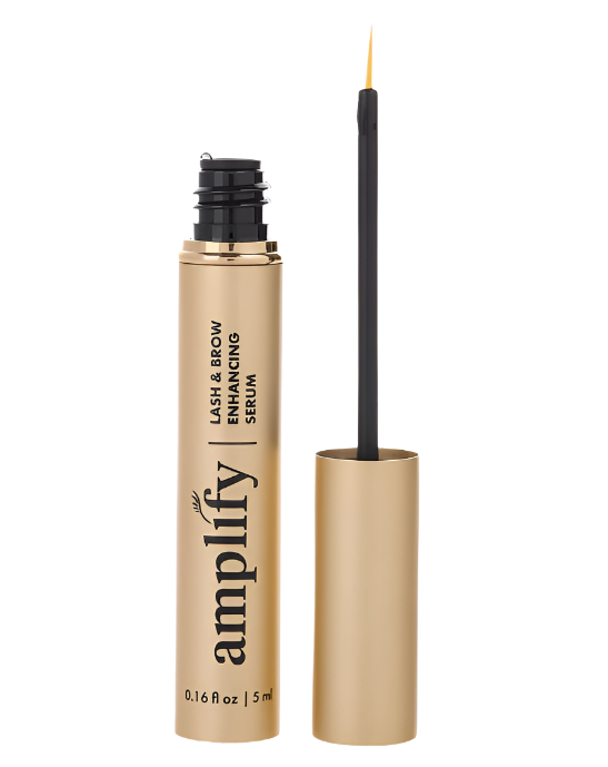 A gold tube of ACTIIV by Actiiv - Amplify Lash & Brow Serum with an open cap and a thin applicator brush visible, labeled with 5 ml / 0.16 oz.