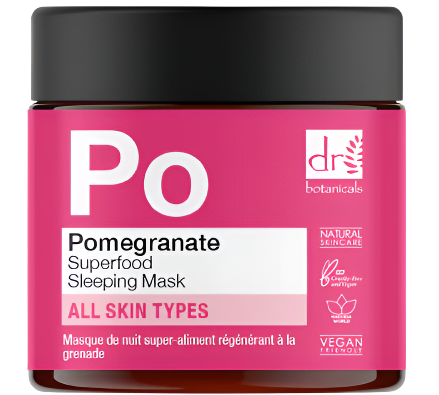 A jar of Dr. Botanicals Pomegranate Superfood Regenerating Sleeping Mask, 2.0 fl oz, suitable for all skin types. The pink label with white text emphasizes its antioxidant properties, featuring symbols that represent natural skincare and vegan-friendly qualities for a hydrating overnight treatment.