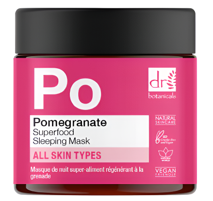 A jar of Dr. Botanicals Pomegranate Superfood Regenerating Sleeping Mask, 2.0 fl oz, suitable for all skin types. The pink label with white text emphasizes its antioxidant properties, featuring symbols that represent natural skincare and vegan-friendly qualities for a hydrating overnight treatment.