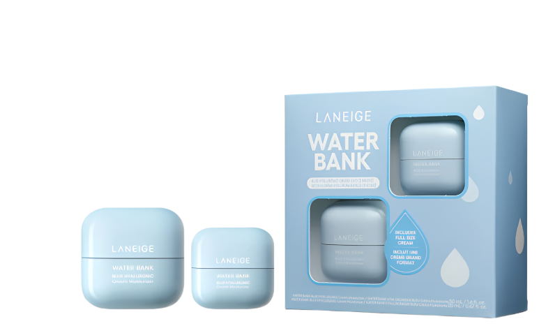 A LANEIGE Water Bank Blue Hyaluronic Moisturizer set includes three containers in blue: two smaller jars and one larger jar, all with visible product names. The packaging is a light blue box adorned with water droplets and text highlighting features like barrier-boosting hydration, squalane, ceramide, and dermatologist testing.