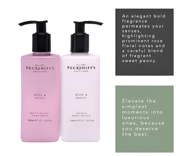 A pair of Pecksniff’s Hand Wash & Body Lotion Caddy Set in Rose & Peony, each bottle holding 10.1 Fl Oz, sits together. The accompanying text emphasizes the sophisticated floral notes of the fragrance and suggests these products transform everyday moments into luxurious experiences.