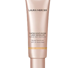 A tube of Tinted Moisturizer Light Revealer Natural Skin Illuminator Broad Spectrum SPF 25 from Laura Mercier. It comes in a metallic pink package with black text detailing features such as the natural skin illuminator and broad spectrum protection.