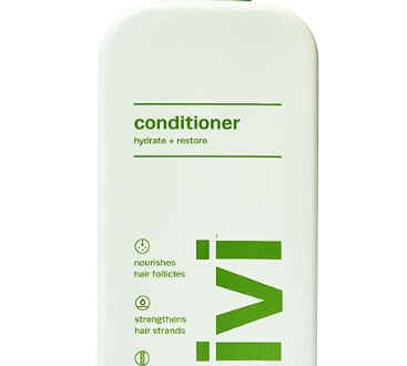 A bottle of Divi Conditioner, designed for dry, thick, and coarse hair, comes equipped with a pump and features a light green shade. Infused with coconut oil, the label emphasizes its benefits: nourishing hair follicles, enhancing strand strength with amino acids, and offering protection against damage. It holds 12 fl oz (354 ml).