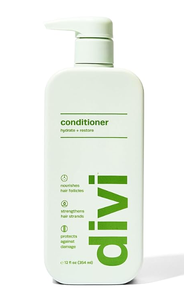 A bottle of Divi Conditioner, designed for dry, thick, and coarse hair, comes equipped with a pump and features a light green shade. Infused with coconut oil, the label emphasizes its benefits: nourishing hair follicles, enhancing strand strength with amino acids, and offering protection against damage. It holds 12 fl oz (354 ml).