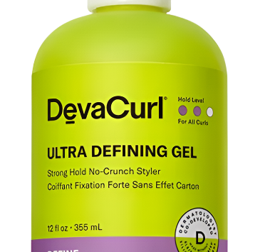 A vibrant green bottle of DevaCurl Ultra Defining Hair Gel-12 oz with a white cap features a label indicating it is a strong hold, no-crunch styler suitable for all types of curls (355 mL). The product has been laboratory tested.