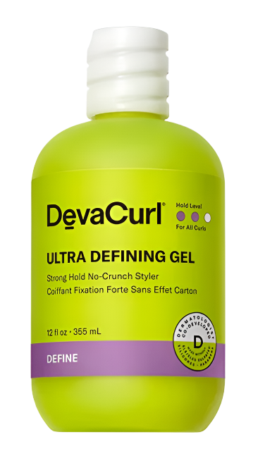 A vibrant green bottle of DevaCurl Ultra Defining Hair Gel-12 oz with a white cap features a label indicating it is a strong hold, no-crunch styler suitable for all types of curls (355 mL). The product has been laboratory tested.