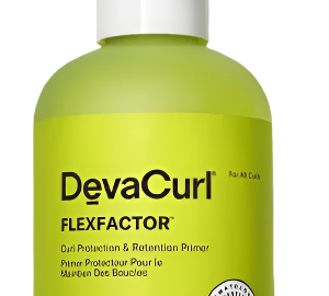 A vibrant green bottle of Devacurl FLEXFACTOR Curl Protection & Retention Primer, featuring a white pump, displays text in both English and French on its label, denoting its purpose for preparing and protecting curls. This product is available in an 8 fl oz (236 mL) size.