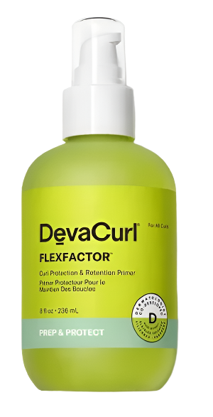 A vibrant green bottle of Devacurl FLEXFACTOR Curl Protection & Retention Primer, featuring a white pump, displays text in both English and French on its label, denoting its purpose for preparing and protecting curls. This product is available in an 8 fl oz (236 mL) size.