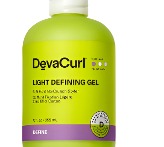 A 12 fl oz (355 ml) bottle of DevaCurl LIGHT DEFINING GEL, featuring a purple label that highlights Soft Hold No-Crunch Styler and For All Curls, is green in color.