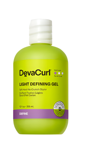 A 12 fl oz (355 ml) bottle of DevaCurl LIGHT DEFINING GEL, featuring a purple label that highlights Soft Hold No-Crunch Styler and For All Curls, is green in color.