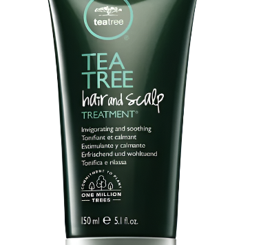 A green tube of Tea Tree Hair and Scalp Treatment, Hydrating Hair Mask is displayed. The label emphasizes its invigorating and soothing qualities. The bottle contains 150 ml (5.1 fl. oz.) and showcases a logo committed to planting one million trees.