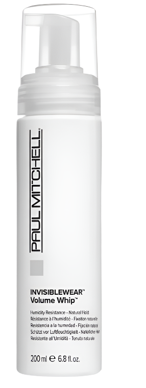 A 200ml bottle of Invisiblewear Volume Whip Styling Foam, featuring a white design with gray text, provides humidity resistance and natural hold for hair styling.