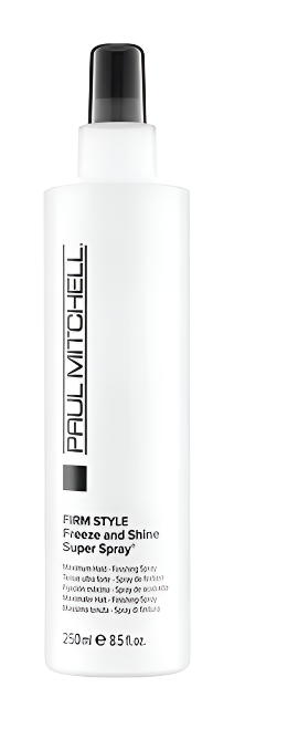 An 8.5 oz white spray bottle of Paul Mitchell Freeze And Shine Super Spray Strong Hold Hair Spray with a black nozzle, featuring a label that describes it as a maximum hold finishing spray.