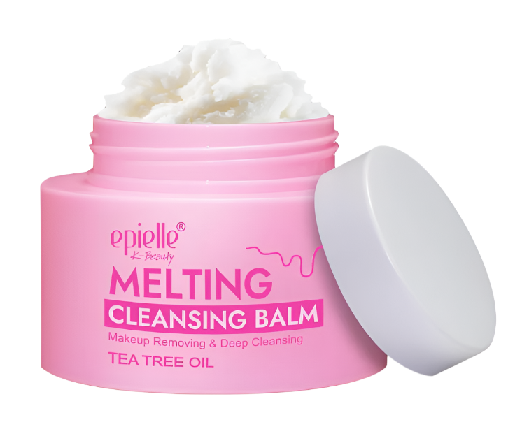 A pink jar of the Epielle Melting Cleansing Balm (1.05oz) is displayed with the lid off, revealing its white balm texture. The product is labeled as a Gentle Makeup Remover & Deep Cleanser for All Skin Types, featuring a hydrating formula and travel-friendly size.