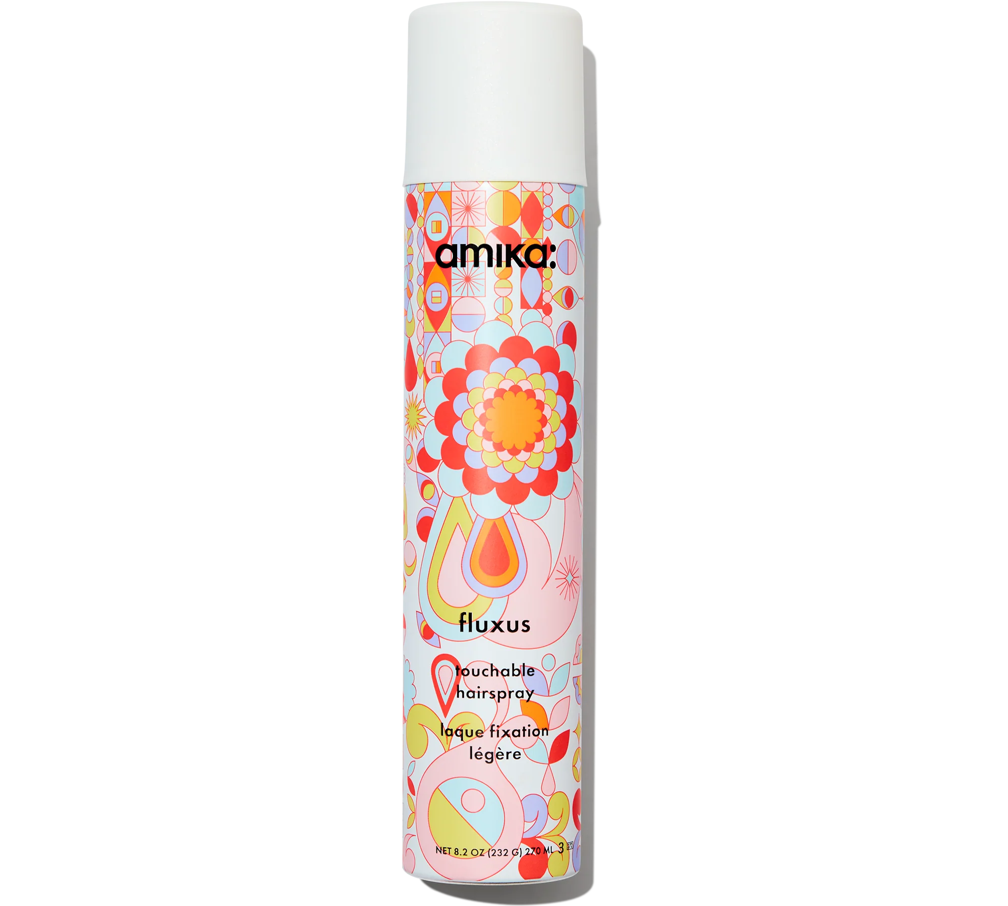 An 8.2 fl. oz can of Amika Fluxus Touchable, Flexible Hold Hairspray showcases a colorful abstract design with vibrant pinks, oranges, and yellows on its tall cylindrical shape and is completed with a sleek white cap. This hairspray offers a lightweight formula for effortless frizz control.