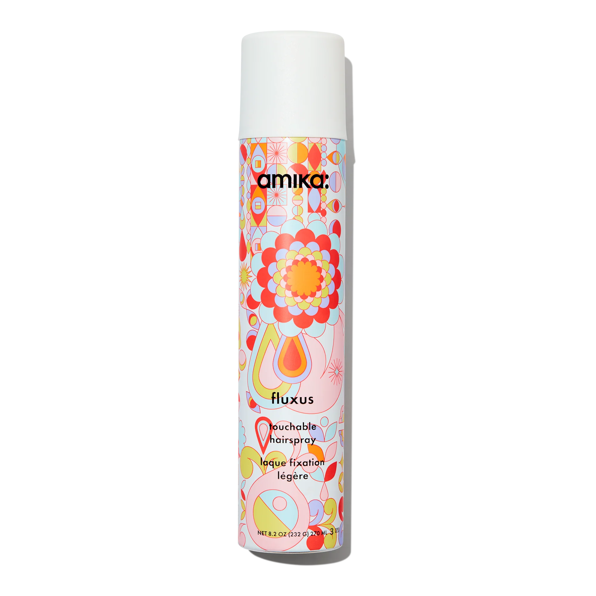 An 8.2 fl. oz can of Amika Fluxus Touchable, Flexible Hold Hairspray showcases a colorful abstract design with vibrant pinks, oranges, and yellows on its tall cylindrical shape and is completed with a sleek white cap. This hairspray offers a lightweight formula for effortless frizz control.