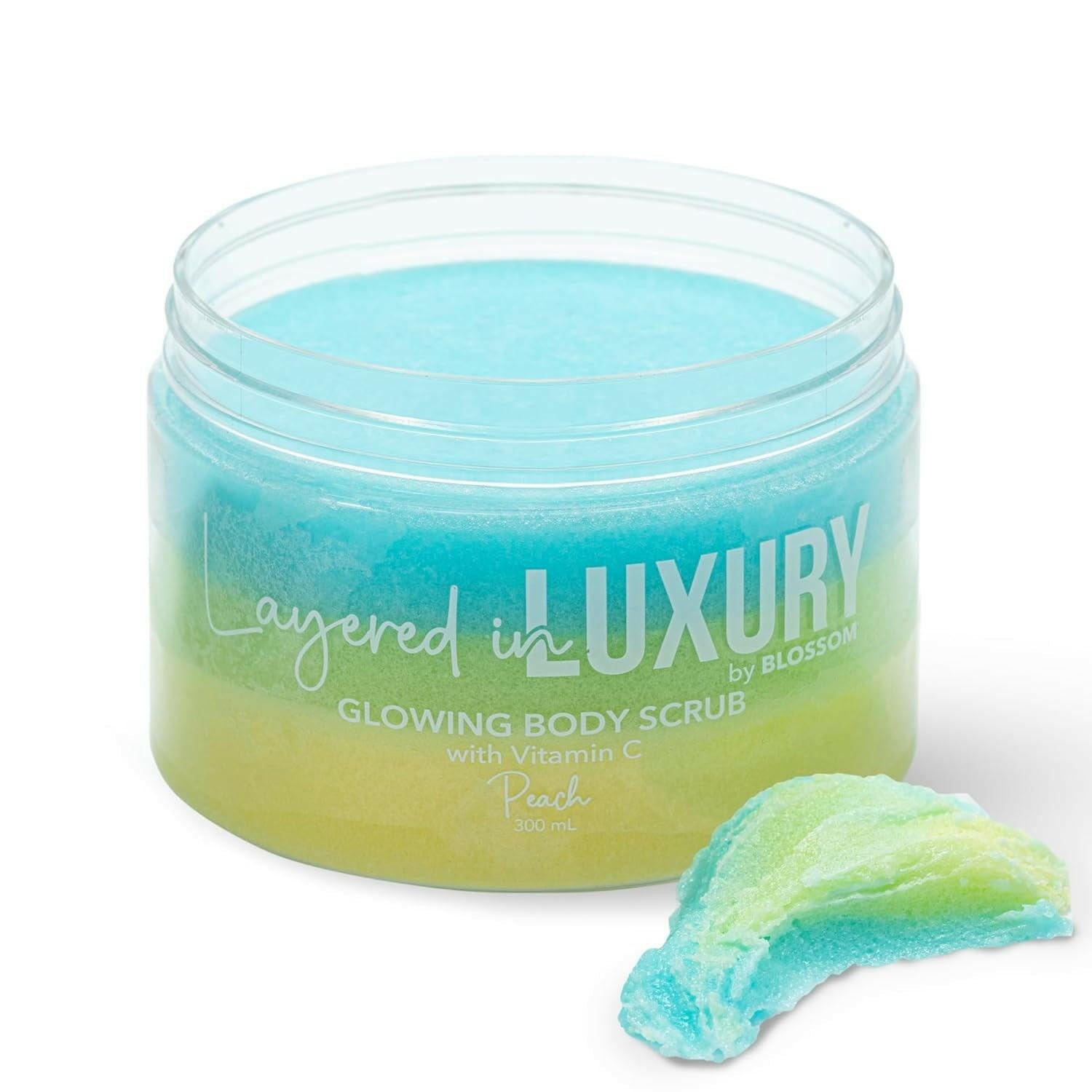 Blossom Layered in Luxury Glowing Scented Lather Foaming Body Sugar Scrub Exfoliating Polish with Skin Brightening Vitamin C, Cruelty Free,10.14 oz, Peach.