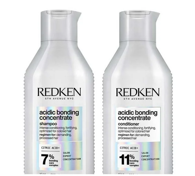 A Redken Acidic Bonding Shampoo and Conditioner, 16.9 Fl.oz COMBO PACK, includes two bottles: one shampoo with a 7% bonding care complex and one conditioner with an 11% bonding care complex. Both products are formulated for intense conditioning and protection of color-treated, damaged hair.