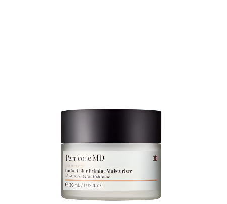 A 30 ml jar of Perricone MD No Makeup Instant Blur Priming Moisturizer, featuring a black lid and a white label with the brand name and product details, creates a flawless base.