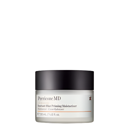 A 30 ml jar of Perricone MD No Makeup Instant Blur Priming Moisturizer, featuring a black lid and a white label with the brand name and product details, creates a flawless base.