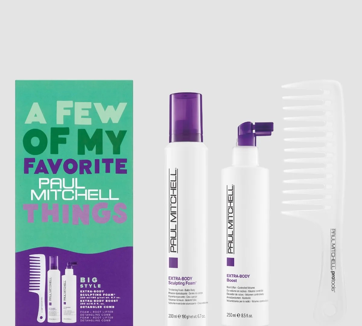 The Paul Mitchell Big Style Holiday Gift Set, which includes Extra-Body Sculpting Foam, Volumizing Spray, and a Detangler Comb, comes in packaging that reads "A few of my favorite Paul Mitchell things.