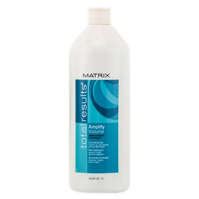 The Matrix Total Results Amplify Conditioner, 33.8 oz, comes in a white cylindrical bottle with a tapered top and a white cap. Its blue and white label design highlights its protein enrichment for added fullness, making it ideal for boosting volume.