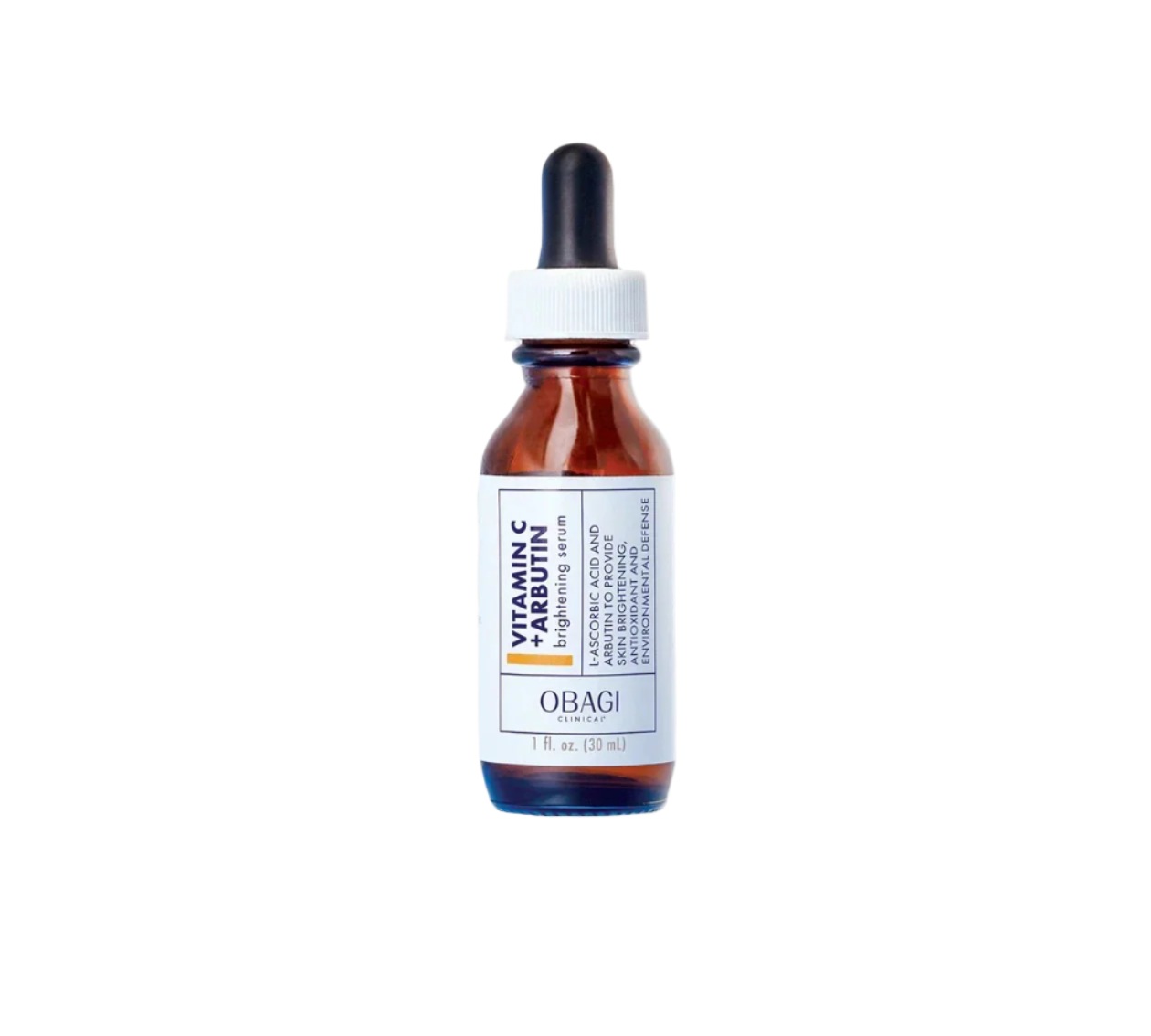 A bottle of Vitamin C + Arbutin Brightening Serum with a dropper cap. The label includes the product's concentration and size, beautifully displayed on a reflective surface. The amber-colored bottle, featuring an informative white and blue label, delivers potent Vitamin C for radiant skin.