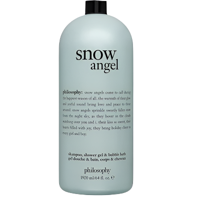 The Philosophy Snow Angel Shampoo, Shower Gel, & Bubble Bath 64oz serves as your perfect retreat into serenity, offering a tranquil bathing experience reminiscent of gentle snowfall. The light blue bottle with black text adds a touch of elegance.