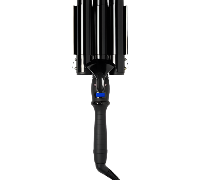 The Amika High Tide Deep Waver Jumbo, a black triple-barrel curling iron with ceramic tourmaline technology and a digital temperature display, features convenient control buttons on the handle—making it the ideal professional-grade styling tool for achieving effortless beachy waves.